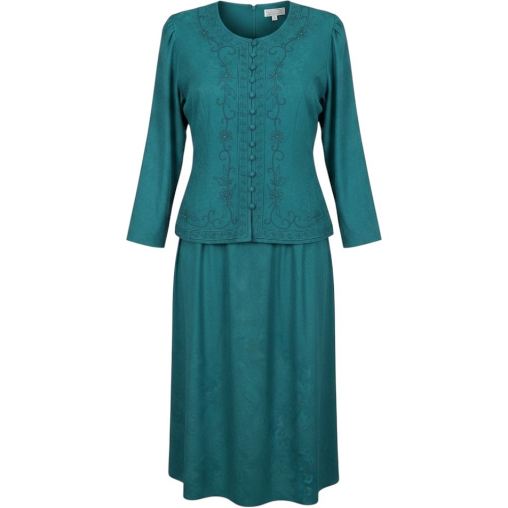 Karin Stevens Vintage Teal Green Embroidered 1 Piece Dress Jacquard 14